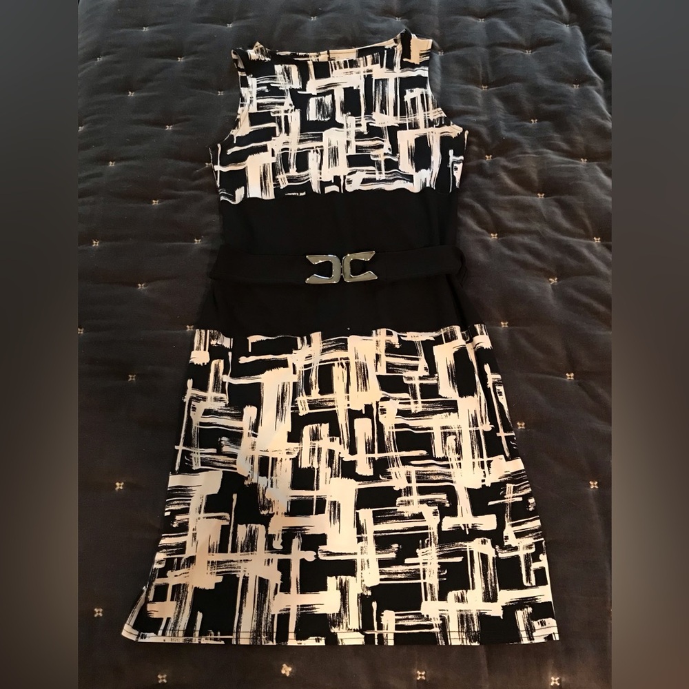 Joseph Ribkoff Black and White Sleeveless Midi Dress with Waist Belt 6